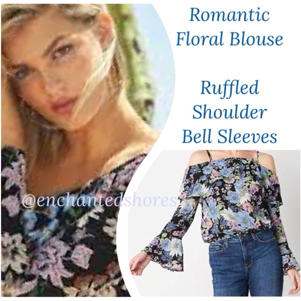 Floral Off-Shoulder Blouse Bell Sleeves Ruffle Square Neckline Black Size Medium